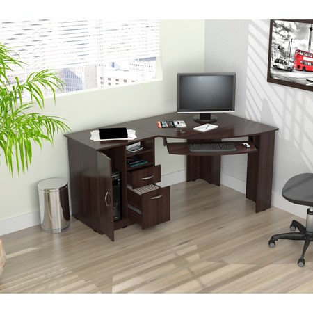 INVAL Corner Computer Desk 59.45 in. W Espresso 2 -Drawer with Keyboard Tray ET-3115